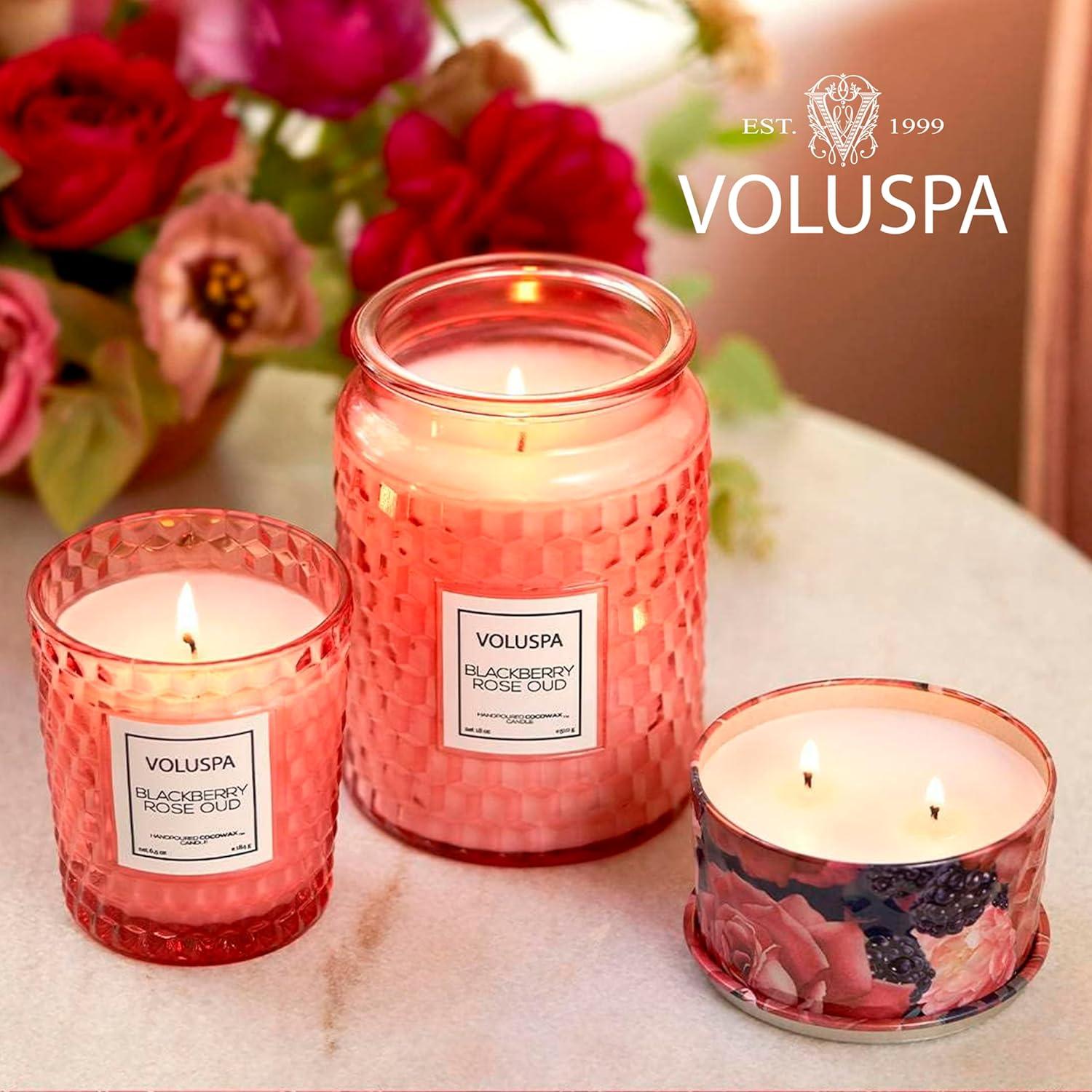 imageVoluspa BlackBerry Rose Oud Cloche Textured Glass Candle 85 Ounces 55 Hour Burn Time Coconut Wax for Clean Burning Handcrafted in The USA