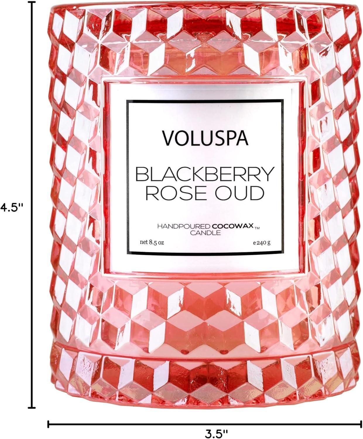 imageVoluspa BlackBerry Rose Oud Cloche Textured Glass Candle 85 Ounces 55 Hour Burn Time Coconut Wax for Clean Burning Handcrafted in The USA