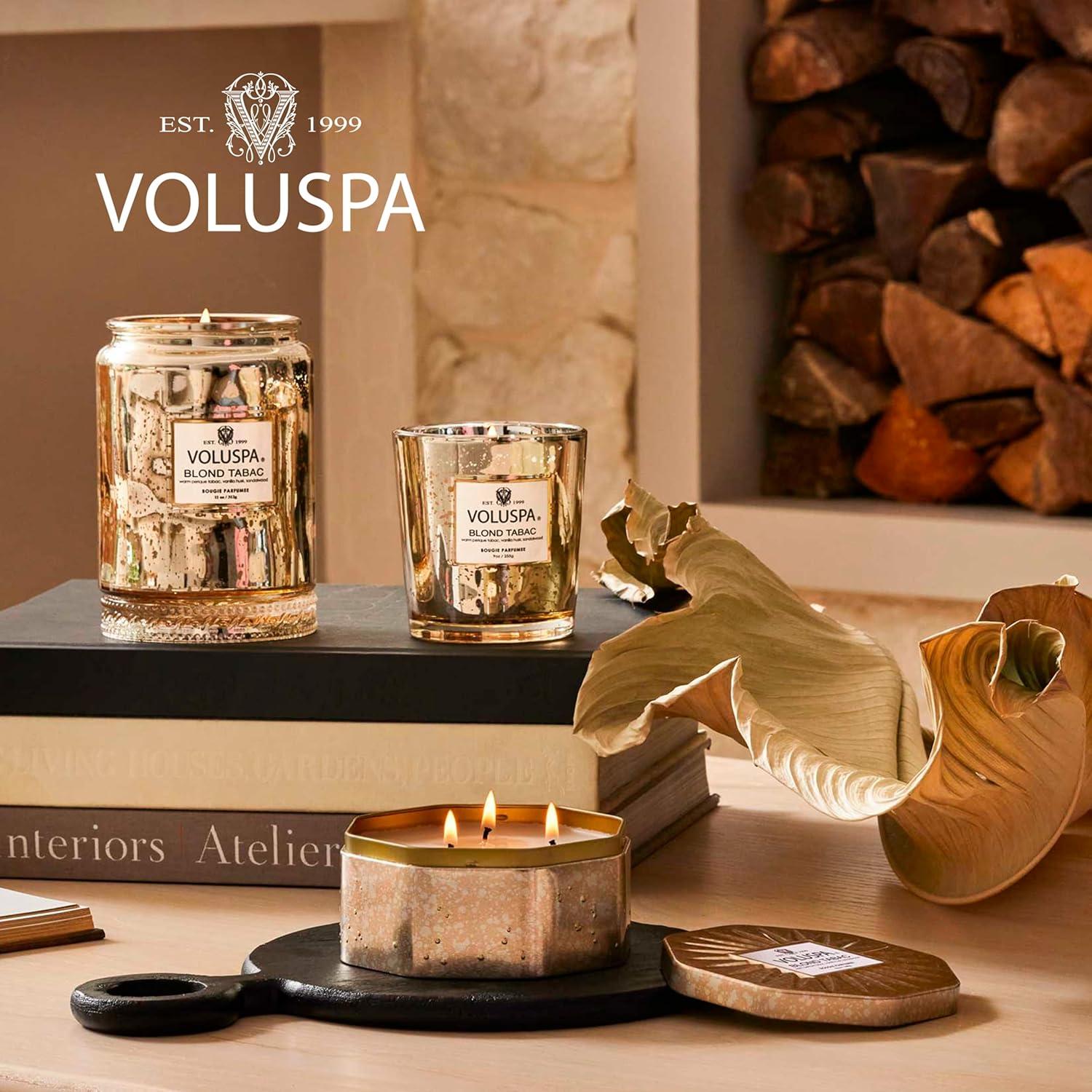 imageVoluspa Blond Tabac 3 Wick Tin Candle 12 oz 40 Hour Burn Time Coconut Wax for Clean Burning Handcrafted in The USA