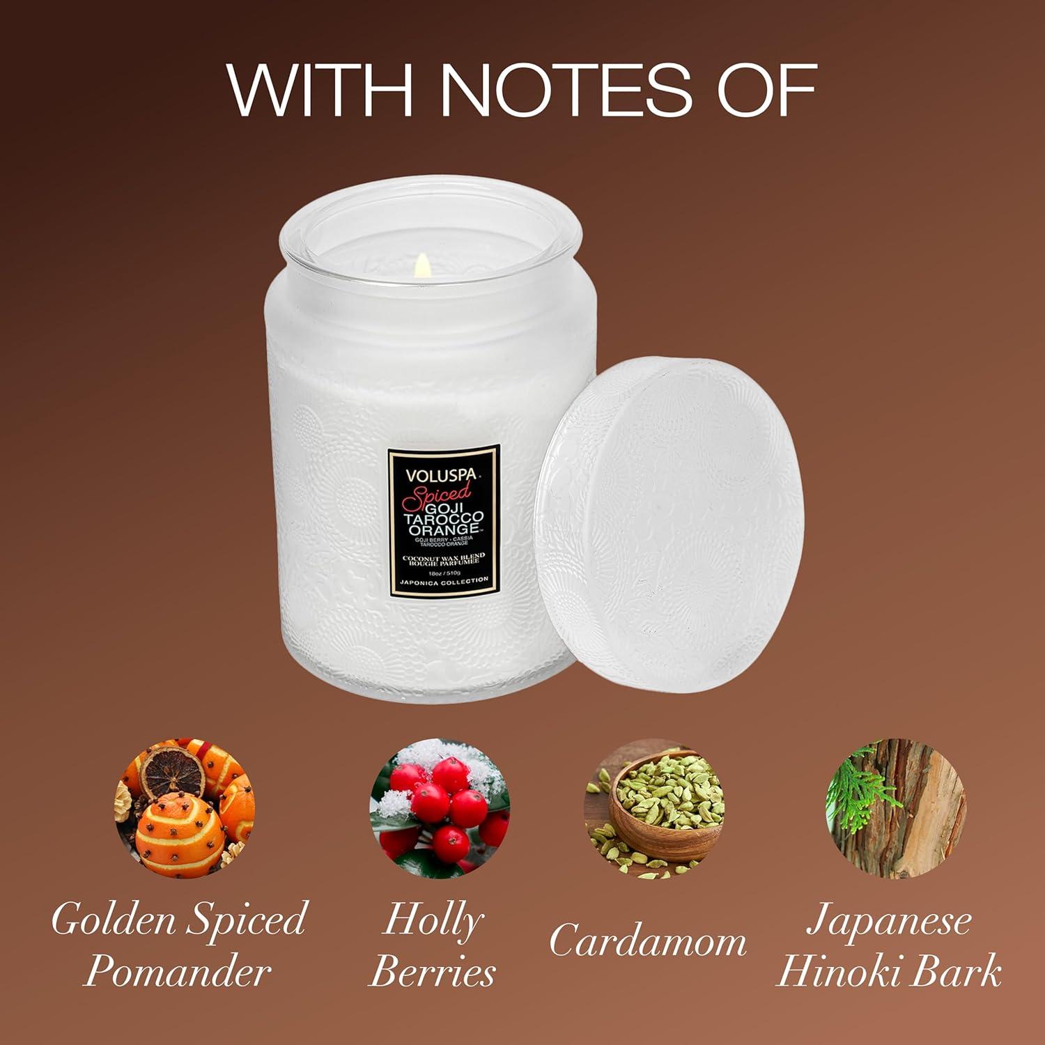 imageVoluspa Spiced Goji Tarocco Orange Large Candle Jar 18 oz 100 Hour Burn Time Coconut Wax for Clean Burning Handcrafted in The USA