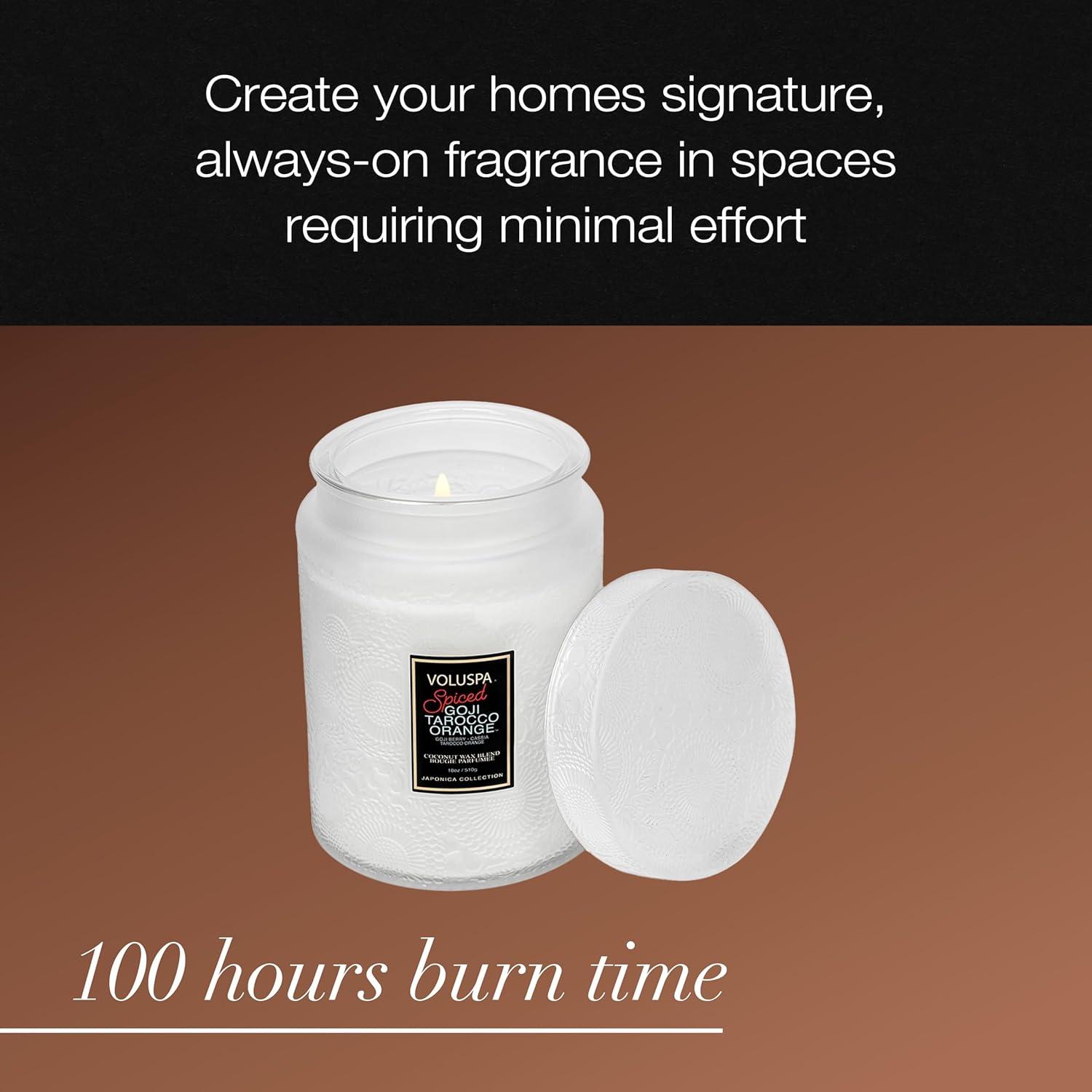 imageVoluspa Spiced Goji Tarocco Orange Large Candle Jar 18 oz 100 Hour Burn Time Coconut Wax for Clean Burning Handcrafted in The USA