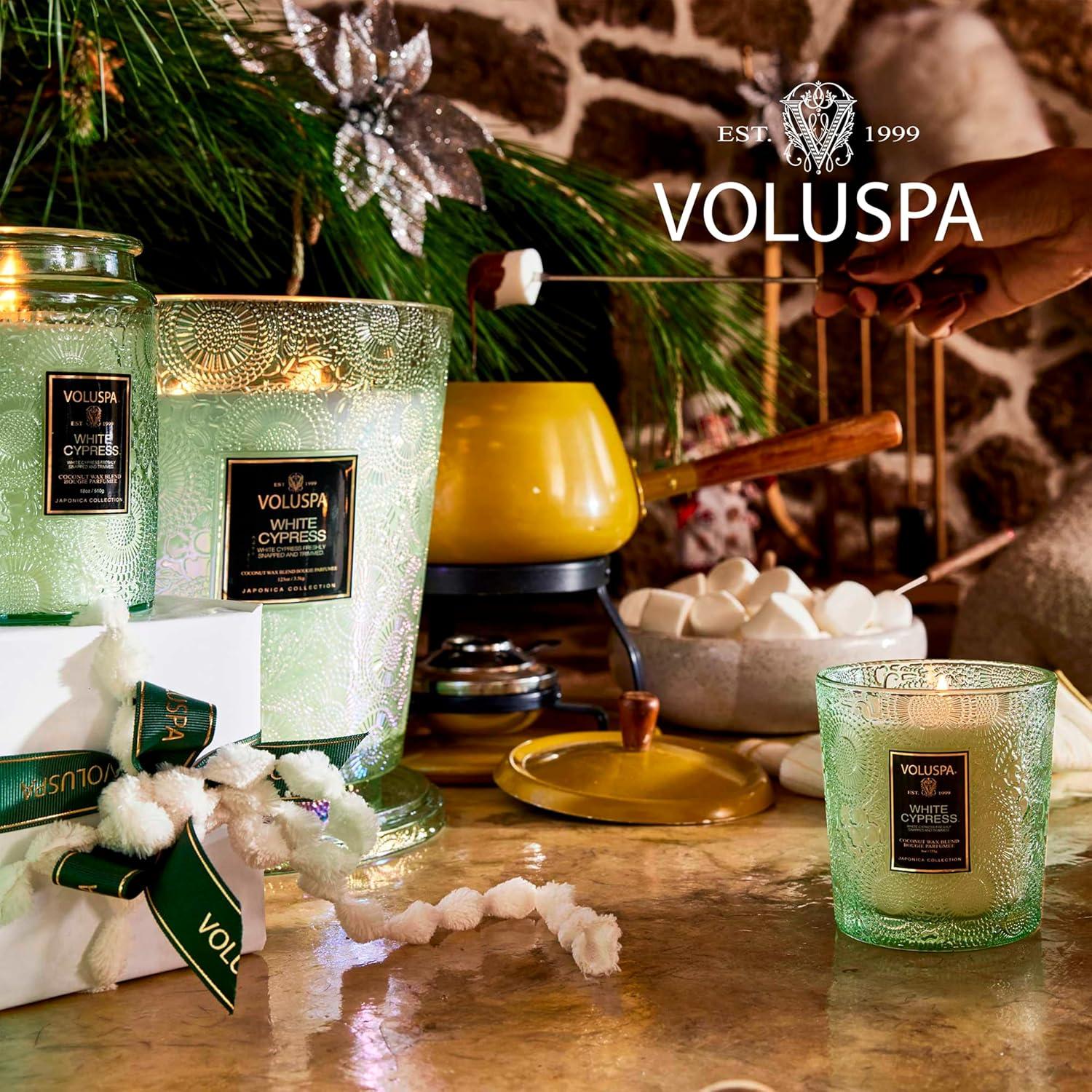 imageVoluspa Spiced Pumpkin Latte 3 Wick Boxed Hearth 38 Ounce 80 Hour Burn Time Coconut Wax for Clean Burning Handcrafted in The USAWhite Cypress