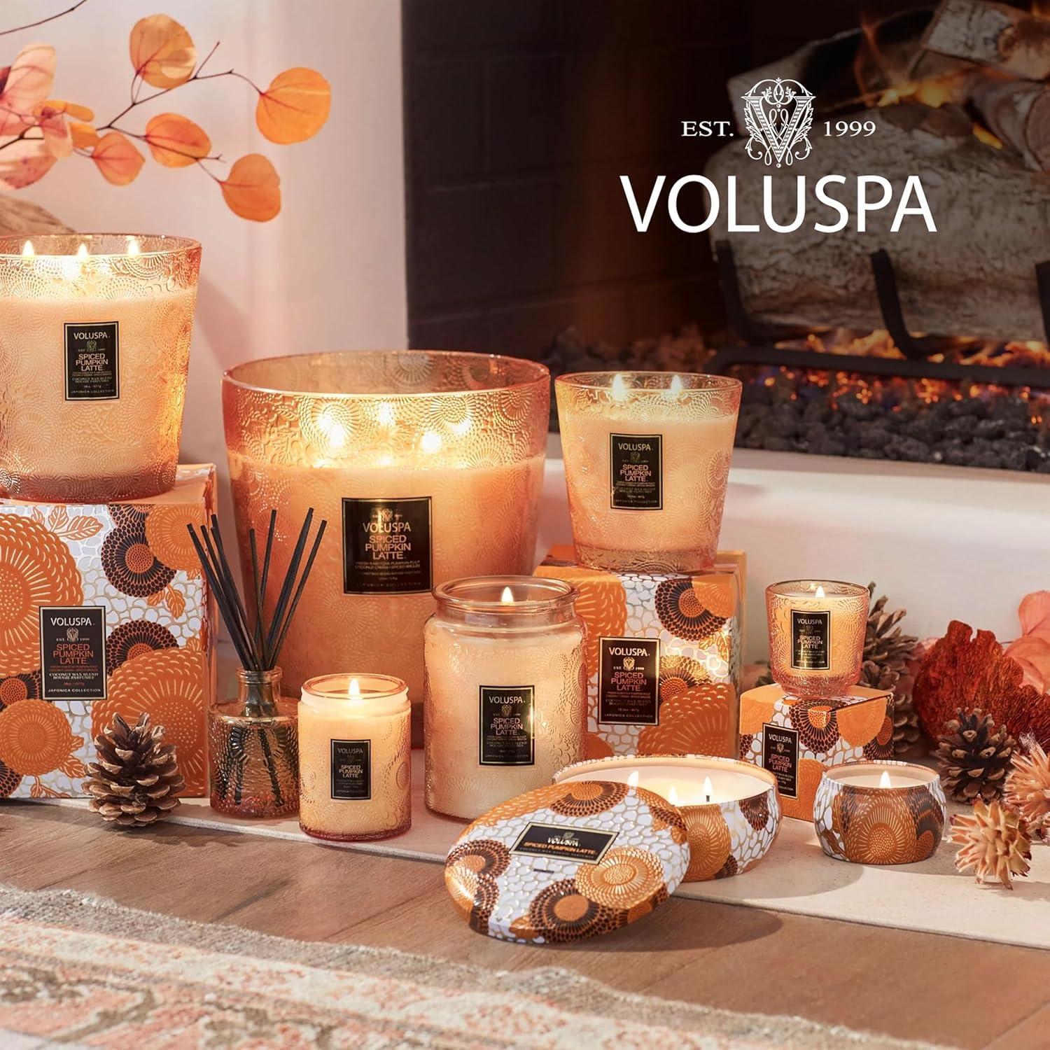 imageVoluspa Spiced Pumpkin Latte 3 Wick Tin Candle 12 Ounce 40 Hour Burn Time Coconut Wax for Clean Burning Handcrafted in The USA