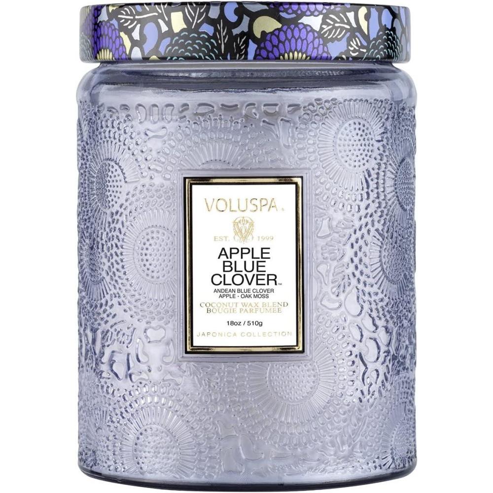 imageVoluspa Apple Blue Clover Large Candle Jar 18 oz 100 Hour Burn Time Coconut Wax for Clean Burning Handcrafted in the USA