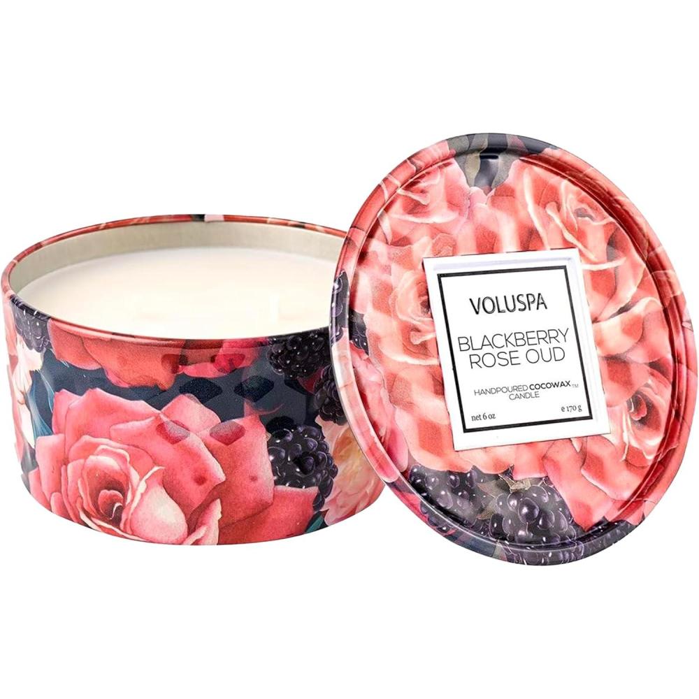 imageVoluspa Bergamot Rose Tin Candle 2 Wick Tin Candle 26 oz 80 Hour Burn Time Coconut Wax for Clean Burning Handcrafted in The USABlackberry Rose Oud