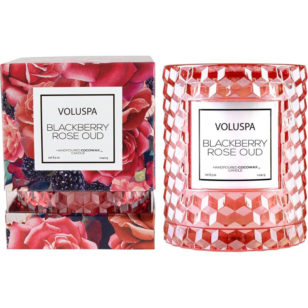 imageVoluspa BlackBerry Rose Oud Cloche Textured Glass Candle 85 Ounces 55 Hour Burn Time Coconut Wax for Clean Burning Handcrafted in The USA