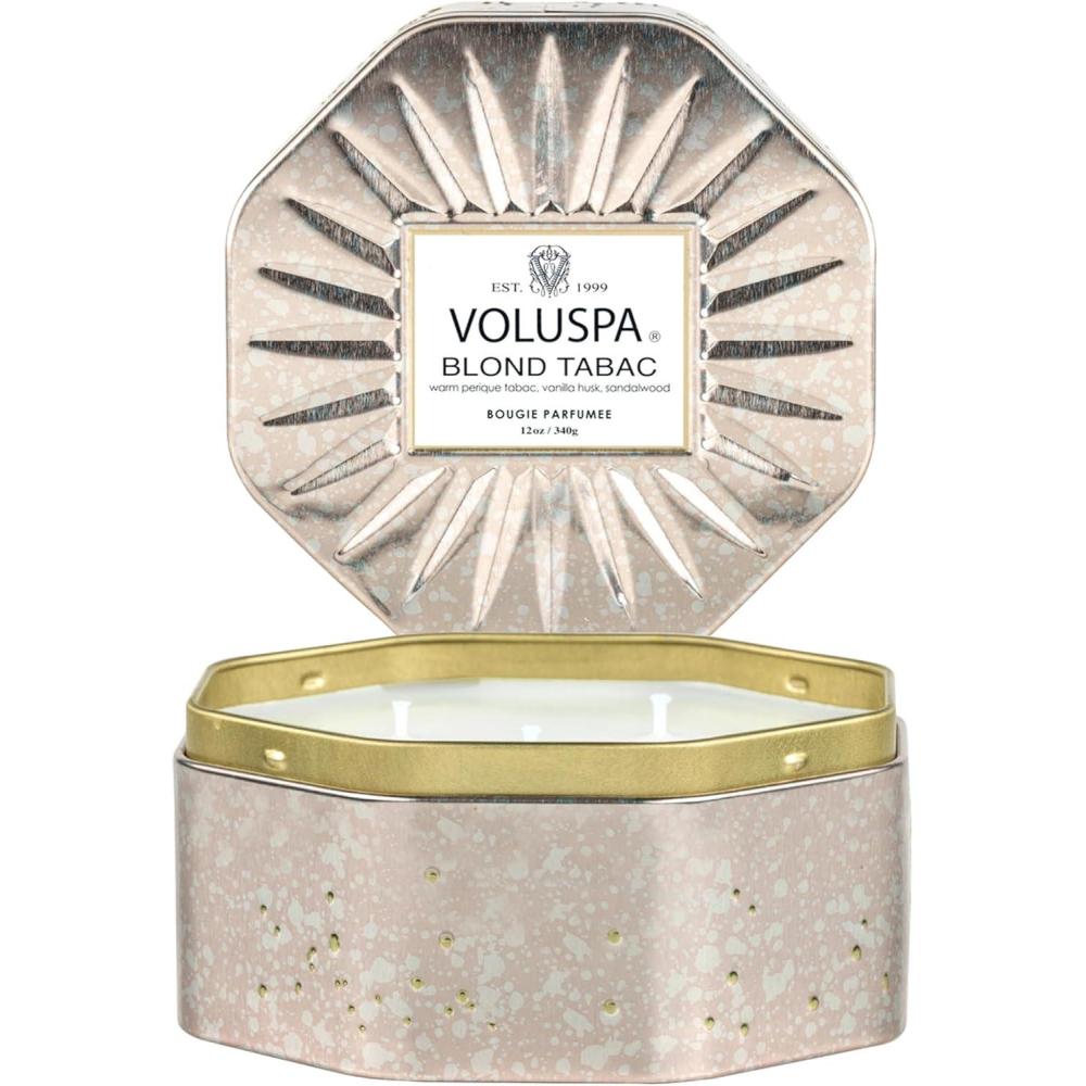 imageVoluspa Blond Tabac 3 Wick Tin Candle 12 oz 40 Hour Burn Time Coconut Wax for Clean Burning Handcrafted in The USA