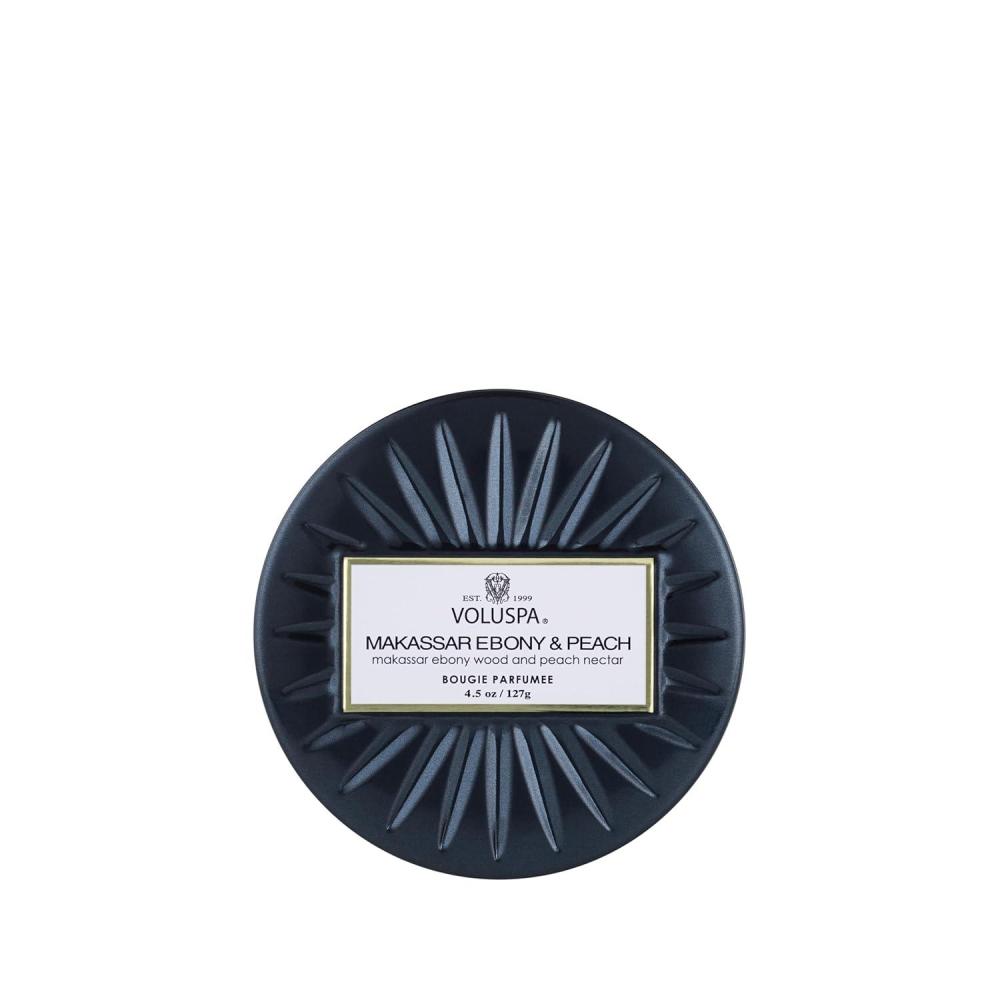 imageVoluspa Bourbon Vanille Mini Tin Candle 4 oz 25 Hour Burn Time Coconut Wax for Clean Burning Handcrafted in the USAMakassar Ebony Peach