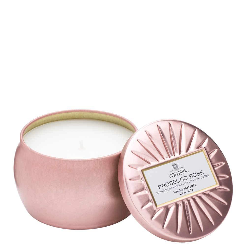 imageVoluspa Bourbon Vanille Mini Tin Candle 4 oz 25 Hour Burn Time Coconut Wax for Clean Burning Handcrafted in the USAProsecco Rose