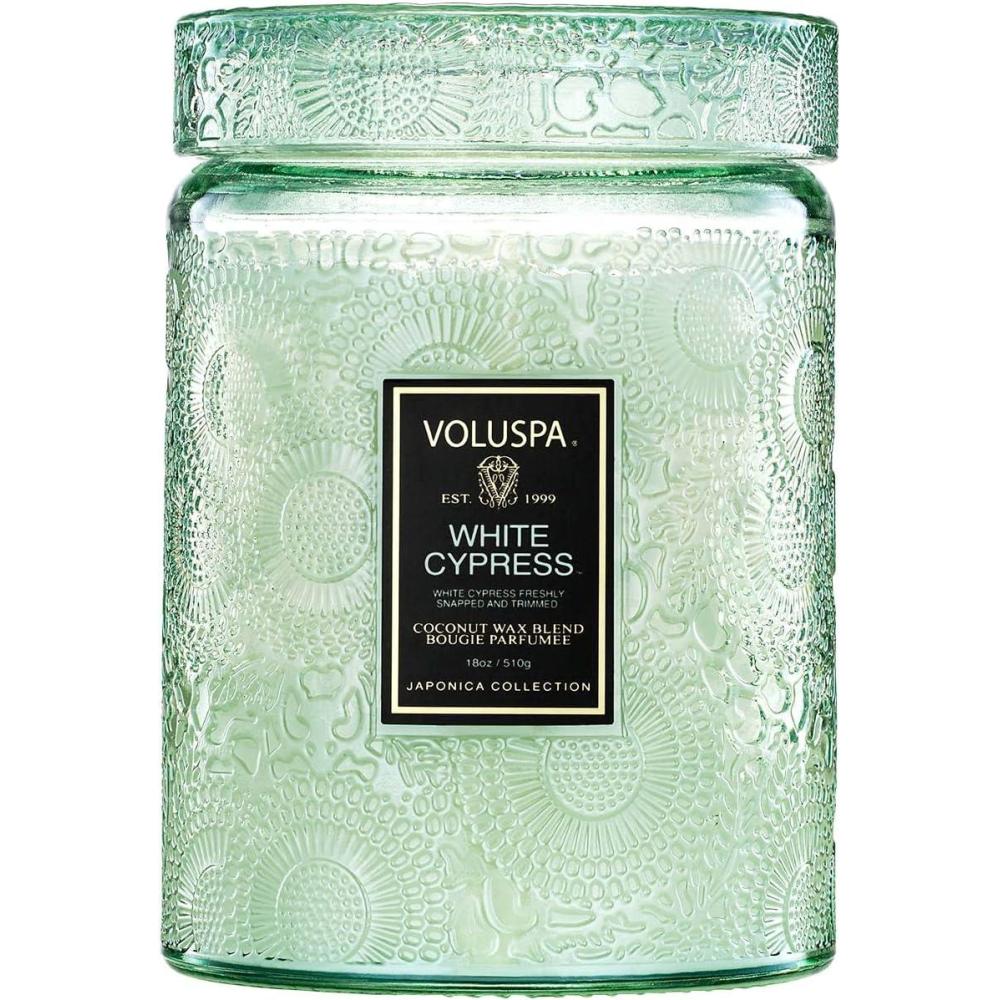 imageVoluspa Cherry Gloss Large Jar Candle 18 oz Coconut Wax Blend Scented Candles for Home 100 Hour Burn Time Fruity Candle Handcrafted in The USAWhite Cypress