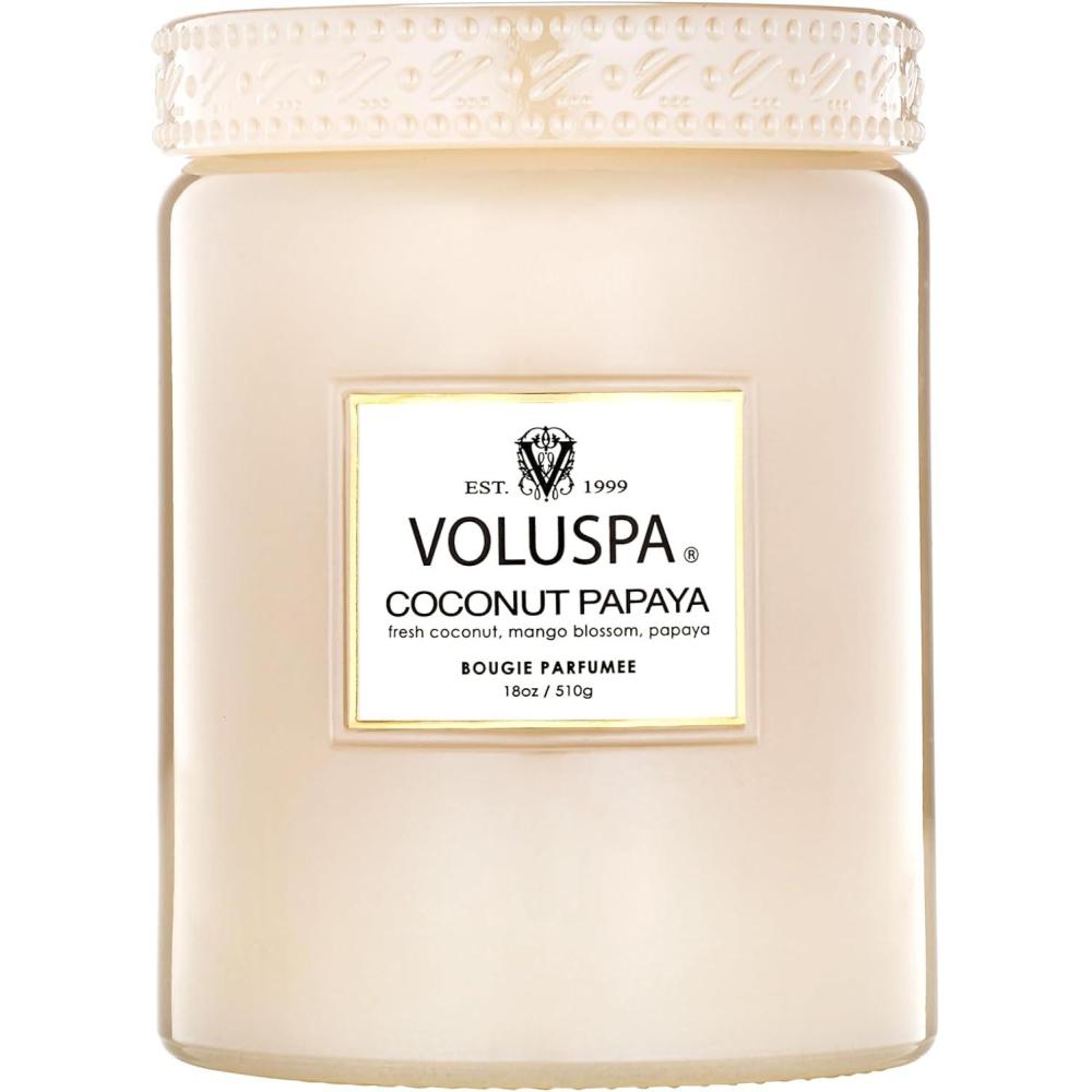 imageVoluspa Coconut Papaya Large Candle Jar 18 oz 100 Hour Burn Time Coconut Wax for Clean Burning Handcrafted in The USACoconut Papaya