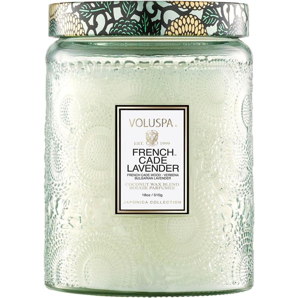 imageVoluspa French Cade Lavender Candle 18 oz Coconut Wax Blend Scented Candles for Home 100 Hour Burn Time Candle JarsFrench Cade Lavender