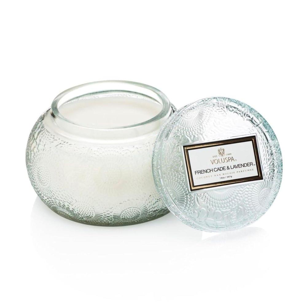 imageVoluspa French Cade Lavender Glass Chawan Bowl Candle 14 oz 50 Hour Burn Time Coconut Wax for Clean Burning Handcrafted in the USA