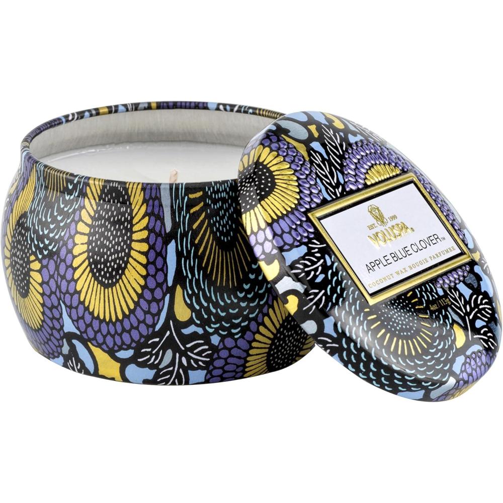imageVoluspa French Cade Lavender Mini Tin Candle 4 oz 25 Hour Burn Time Coconut Wax for Clean Burning Handcrafted in The USAApple Blue Clover