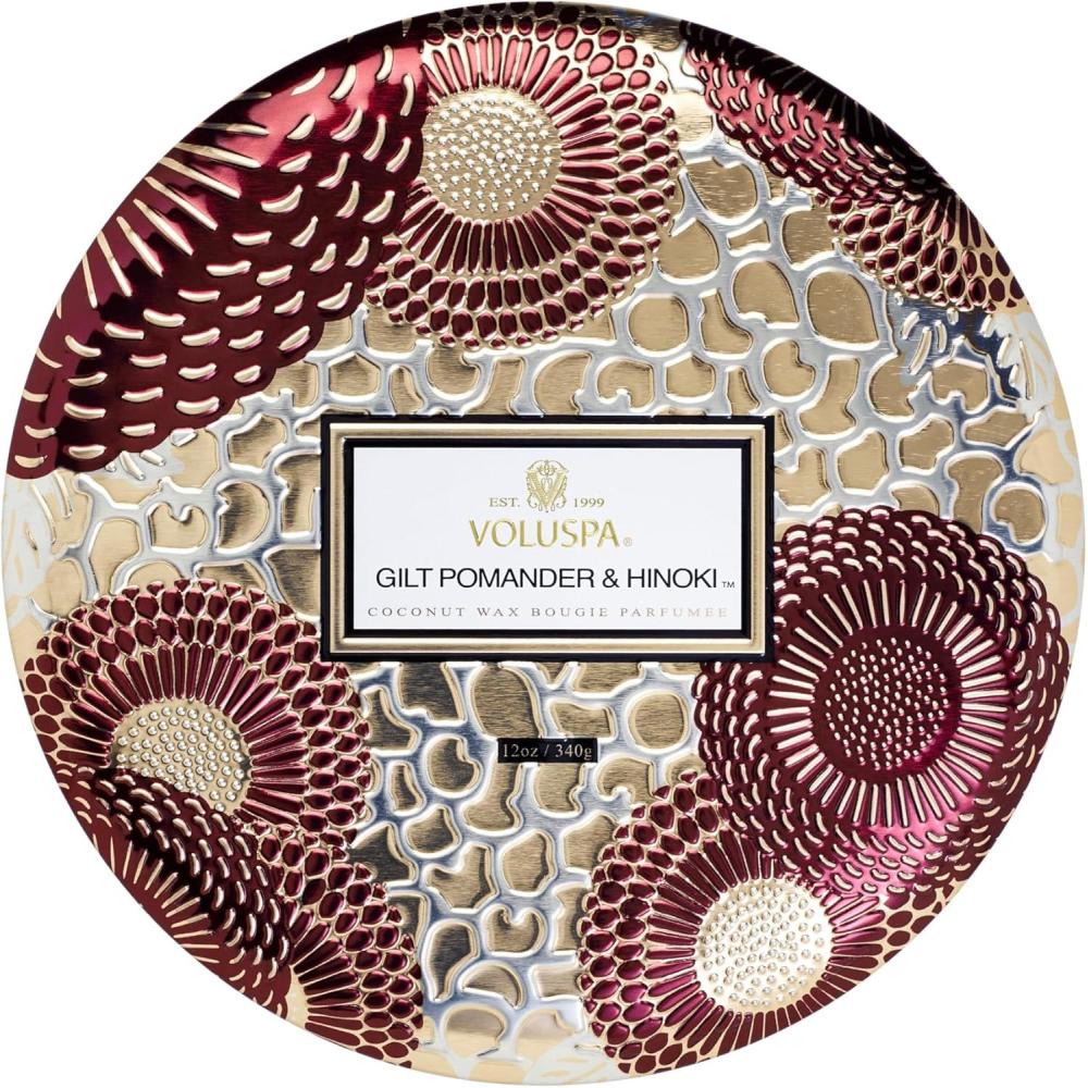 imageVoluspa Gilt Pomander Hinoki 3 Wick Tin Candle 12 Ounces 40 Hour Burn Time Coconut Wax for Clean Burning Handcrafted in The USA