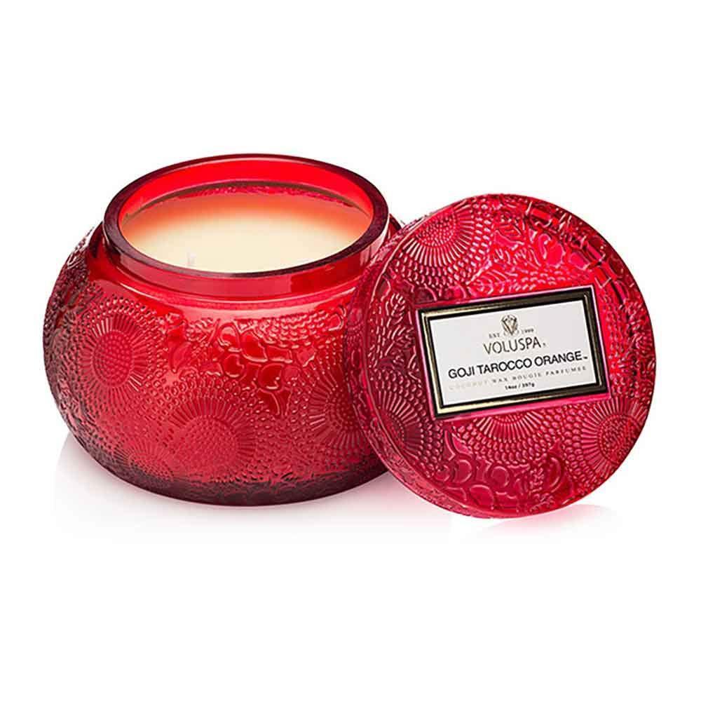 imageVoluspa Goji Tarocco Orange Candle 14 Oz 50 Hour Burn Embossed Glass Chawan Bowl Coconut Wax and Natural Wicks for a Cleaner Burn Vegan