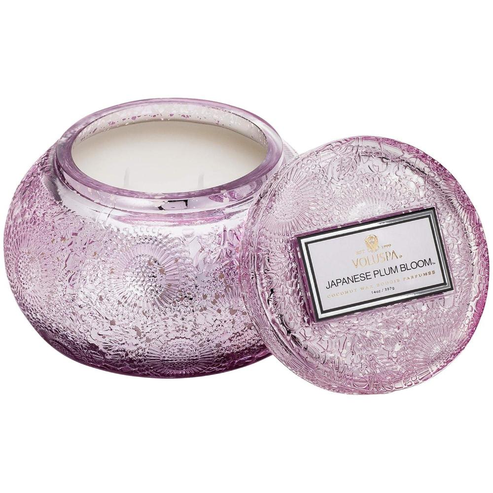imageVoluspa Japanese Plum Bloom Candle 14 Oz 50 Hour Burn Time Embossed Glass Chawan Bowl Candle Coconut Wax and Natural Wicks for a Cleaner Burn Vegan