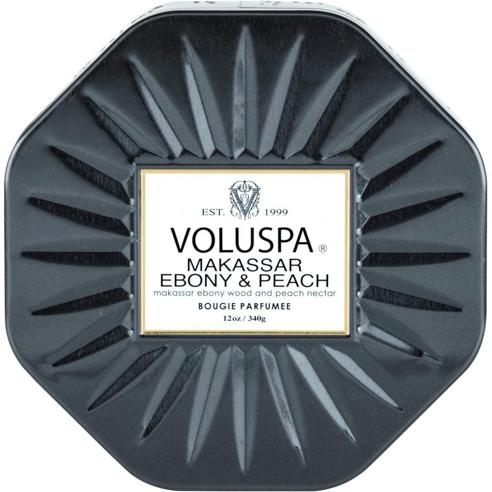 imageVoluspa Makassar Ebony ampamp Peach Candle 3 Wick Tin Coconut Wax for Clean Burning 12 Oz