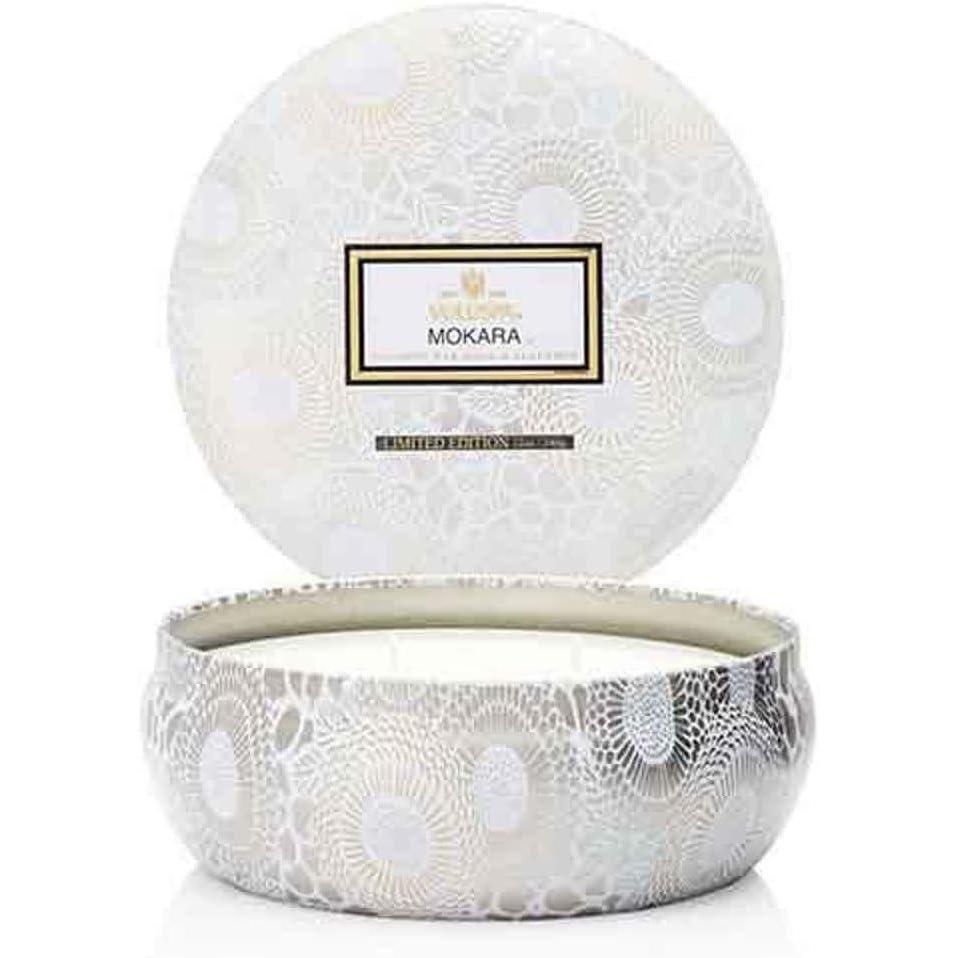 imageVoluspa Mokara 3 Wick Tin Candle 12 ounce 40 Hour Burn Time Coconut Wax for Clean Burning Handcrafted in the USA