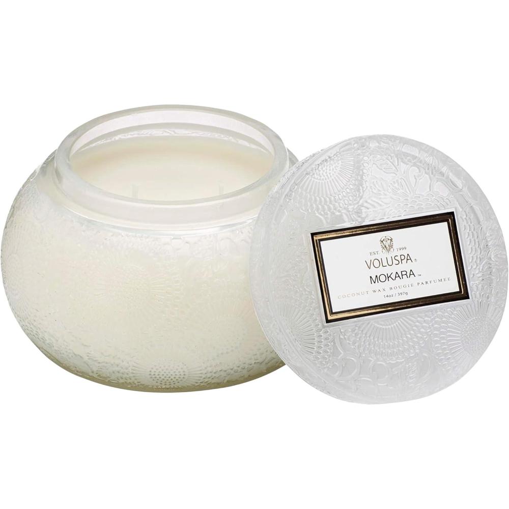 imageVoluspa Moso Bamboo Glass Chawan Bowl Candle 14 ounce 50 Hour Burn Time Coconut Wax for Clean Burning Handcrafted in the USAMokara