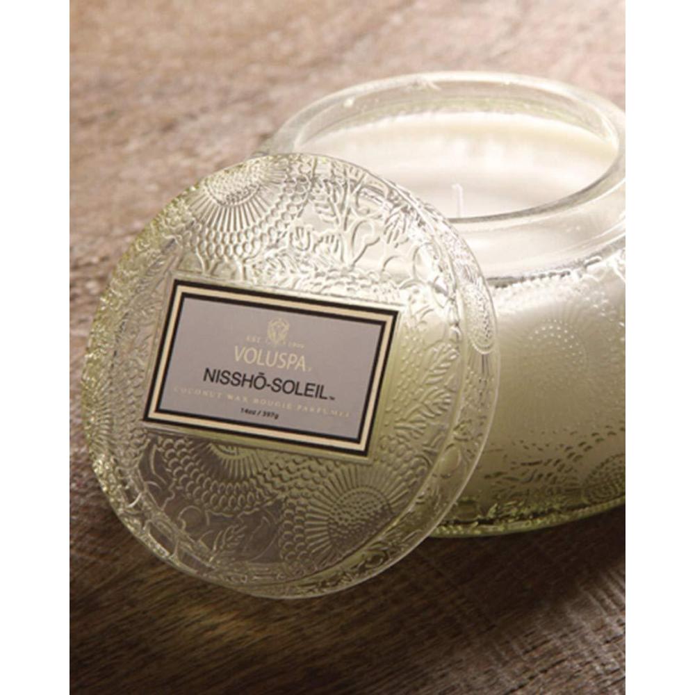 imageVoluspa Nissho Soleil Candle 14 Oz 50 Hour Burn Time Embossed Glass Chawan Bowl Coconut Wax and Natural Wicks for a Cleaner Burn Vegan