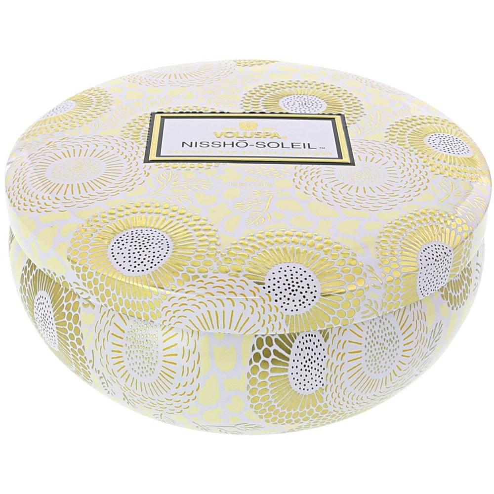 imageVoluspa Nissho Soleil Candle 3 Wick Tin 12 Oz 40 Hour Burn Time Vegan All Natural Wicks and Coconut Wax for Clean Burning