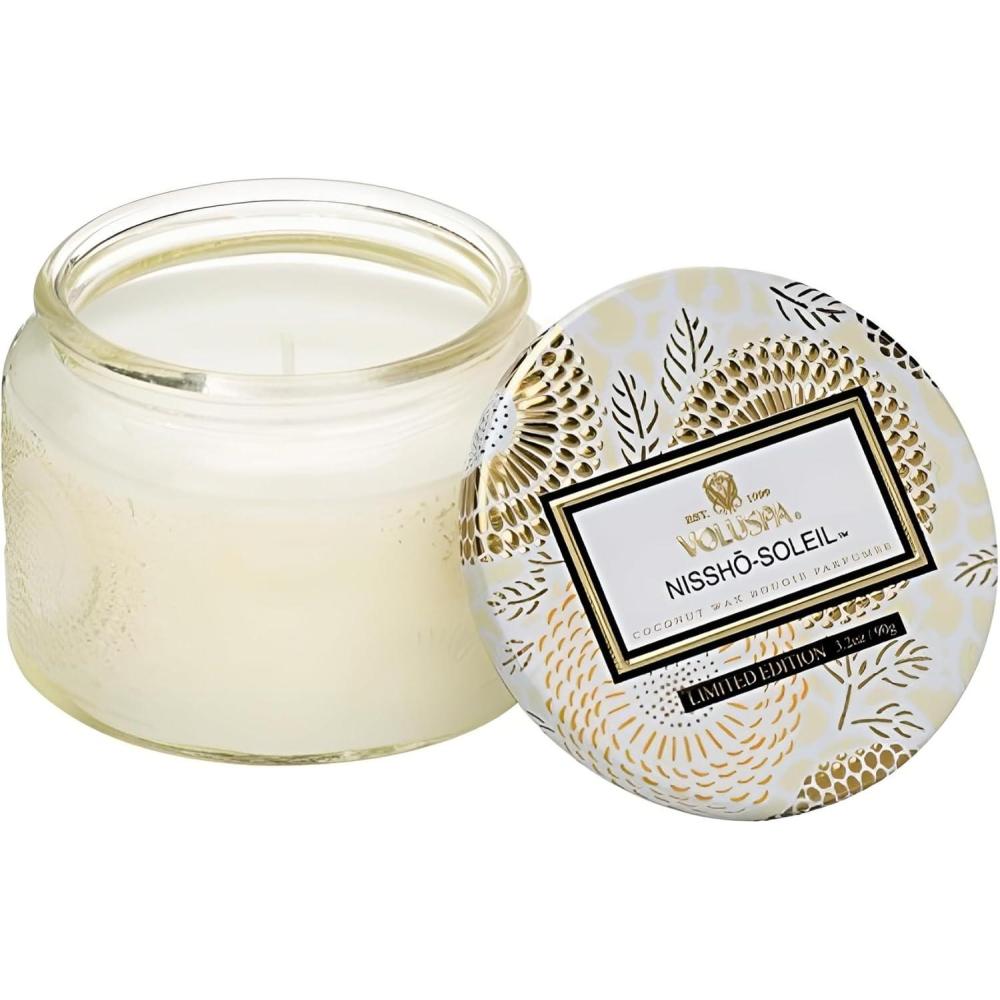 imageVoluspa Nissho Soleil Candle Petite Embossed Glass Jar 32 Oz 25 Hour Burn Time Vegan Coconut Wax and Natural Wicks for Cleaner Burning