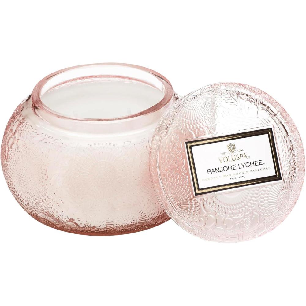 imageVoluspa Panjore Lychee Glass Chawan Bowl Candle 14 oz 50 Hour Burn Time Coconut Wax for Clean Burning Handcrafted in the USAPanjore Lychee