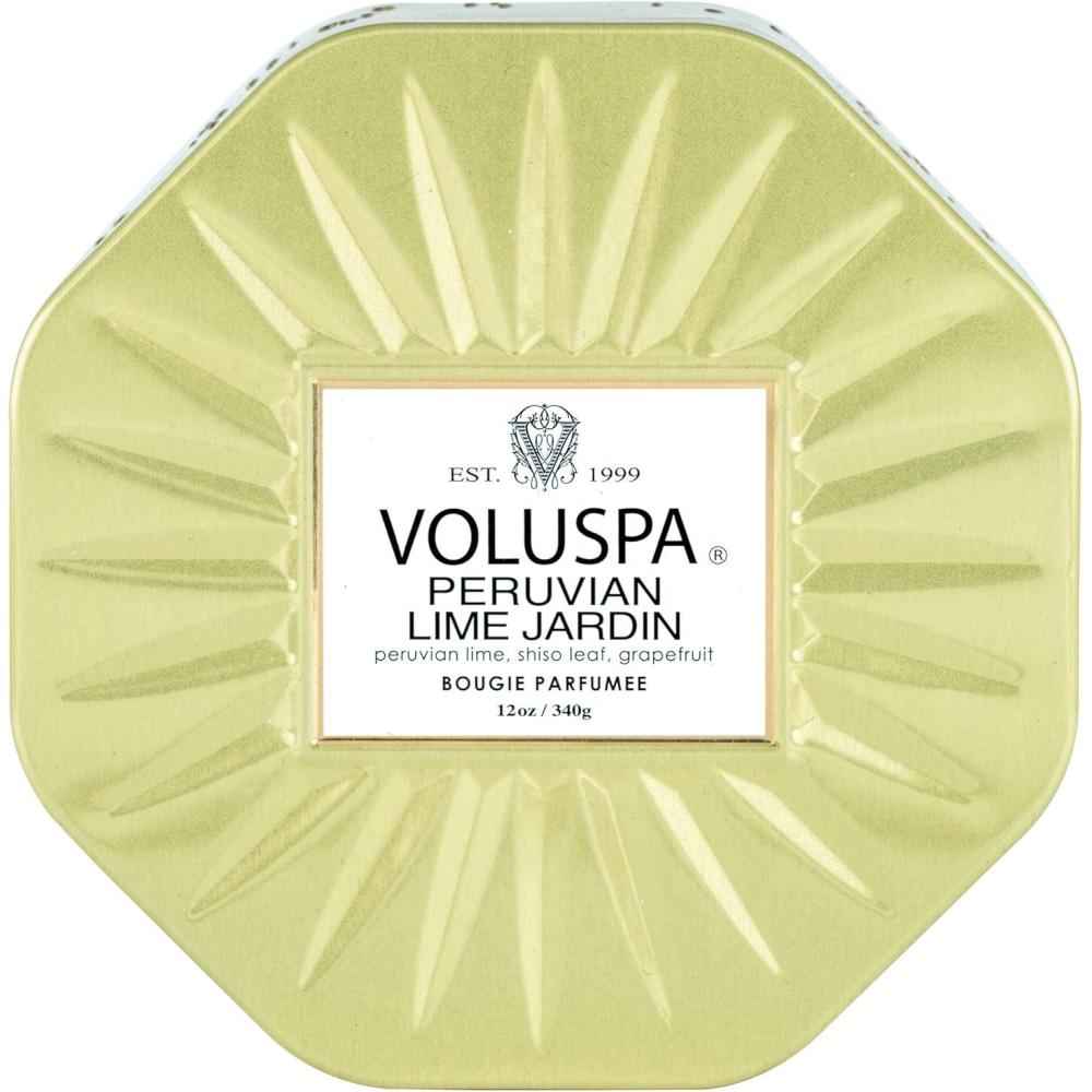 imageVoluspa Peruvian Lime Jardin Candle 3 Wick Tin 12 Oz All Natural Wicks and Coconut Wax for a Cleaner Burn