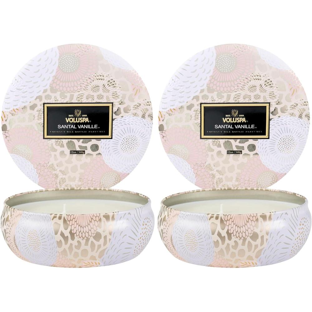 imageVoluspa Santal Vanille 3 Wick Tin Candle 12 oz 40 Hour Burn Time Coconut Wax for Clean Burning Handcrafted in the USA12 ounce Pack of 2