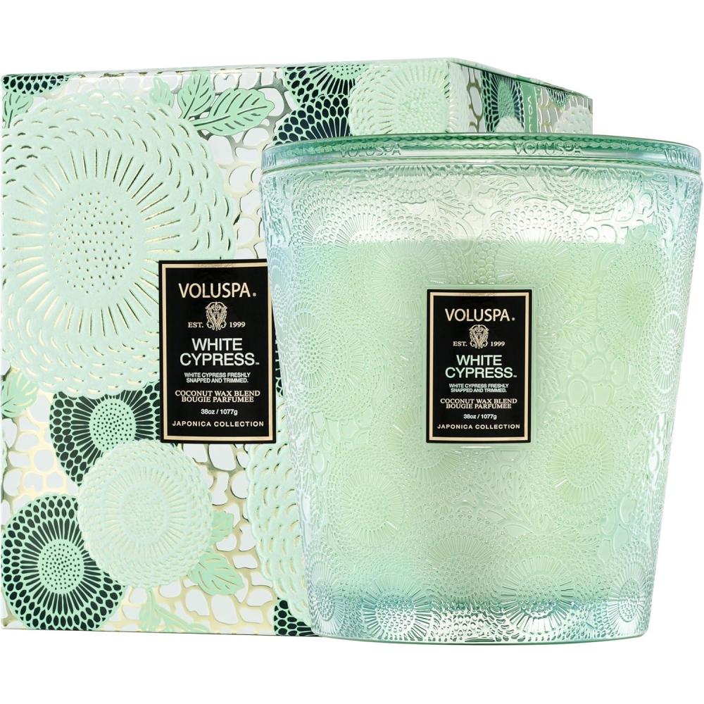 imageVoluspa Spiced Pumpkin Latte 3 Wick Boxed Hearth 38 Ounce 80 Hour Burn Time Coconut Wax for Clean Burning Handcrafted in The USAWhite Cypress