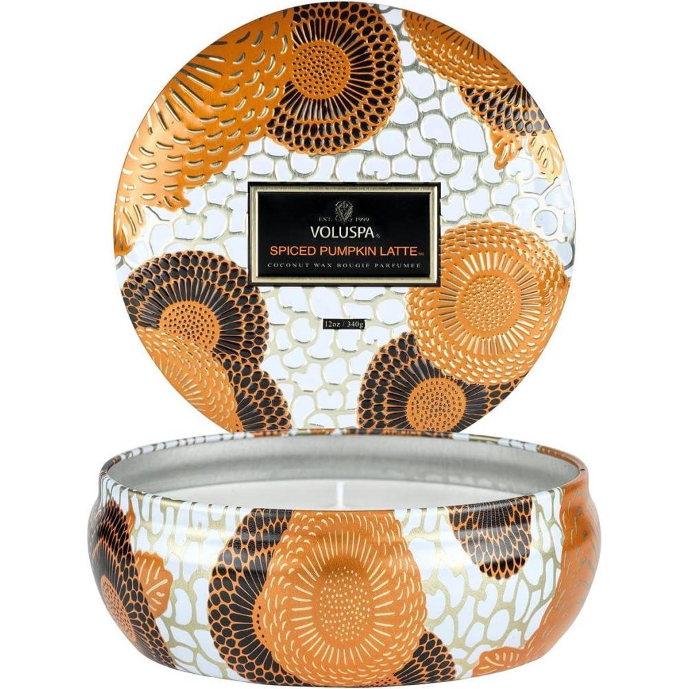imageVoluspa Spiced Pumpkin Latte 3 Wick Tin Candle 12 Ounce 40 Hour Burn Time Coconut Wax for Clean Burning Handcrafted in The USA