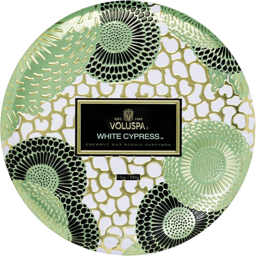 imageVoluspa White Cypress 3 Wick Tin Candle 12 Ounce 40 Hour Burn Time Coconut Wax for Clean Burning Handcrafted in The USA