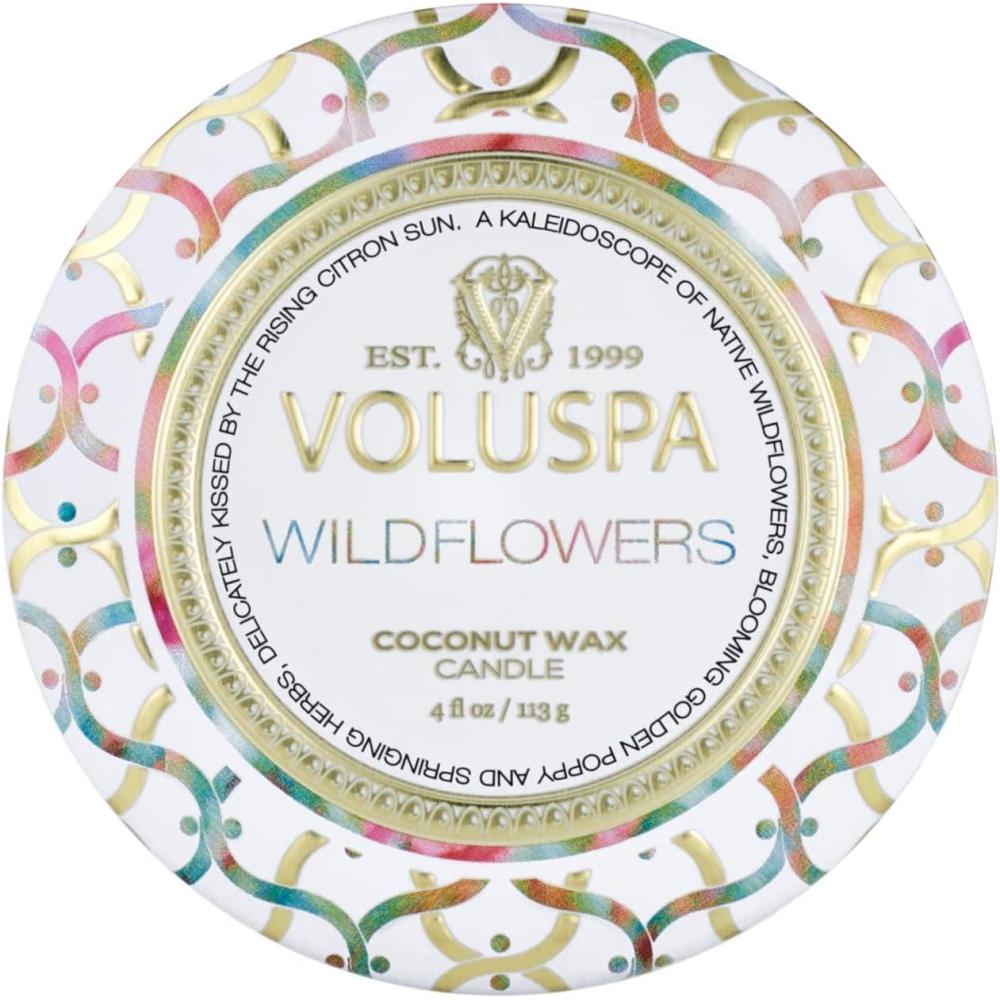 imageVoluspa Wildflowers Mini Tin Candle 4 Ounce 25 Hour Burn Time Coconut Wax for Clean Burning Handcrafted in The USA