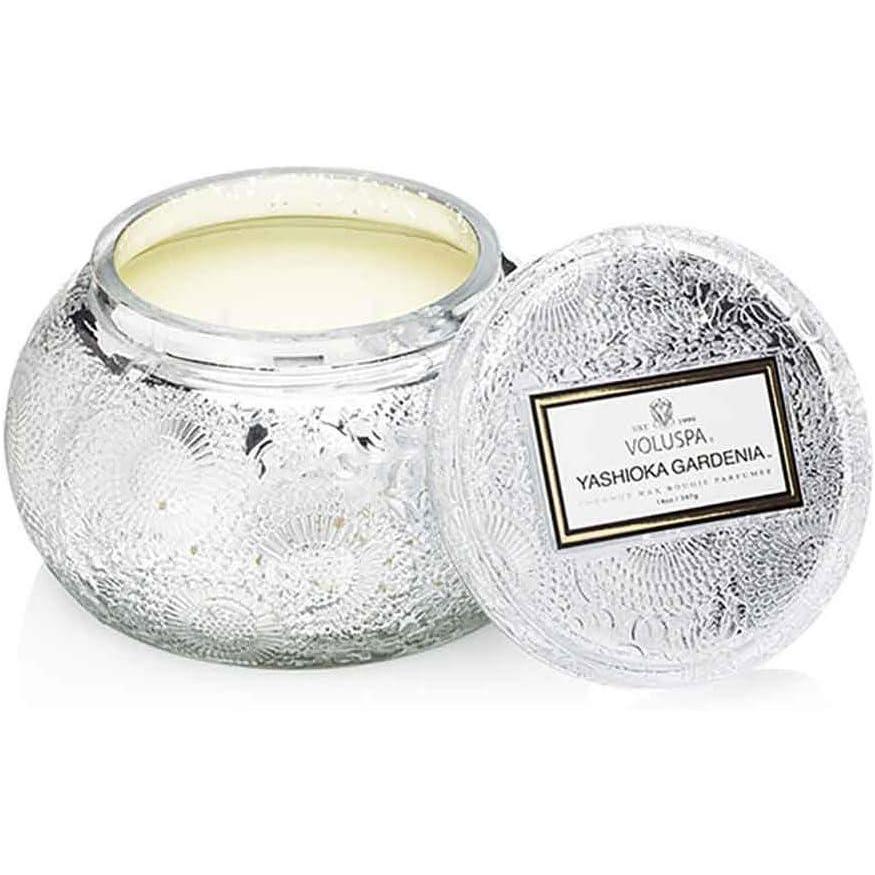 imageVoluspa Yashioka Gardenia Candle 14 Oz Embossed Glass Chawan Bowl Coconut Wax and Natural Wicks for a Cleaner Burn