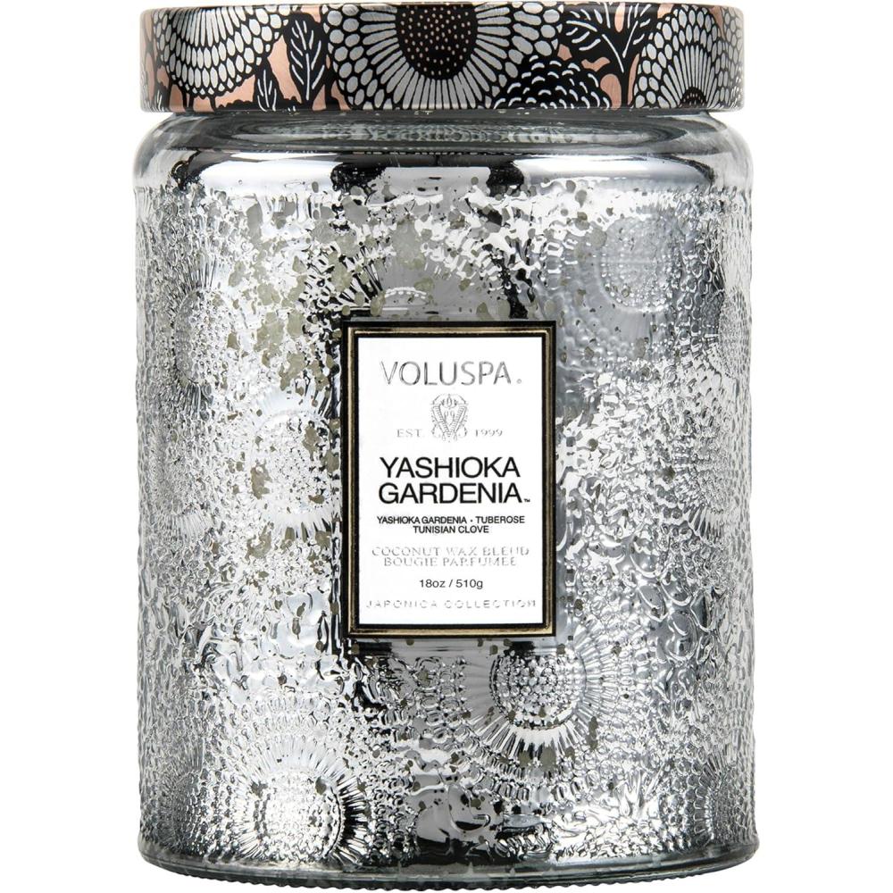 imageVoluspa Yashioka Gardenia Candle Large Glass Jar 18 Oz 100 Hour Burn Time Coconut Wax for Clean Burning