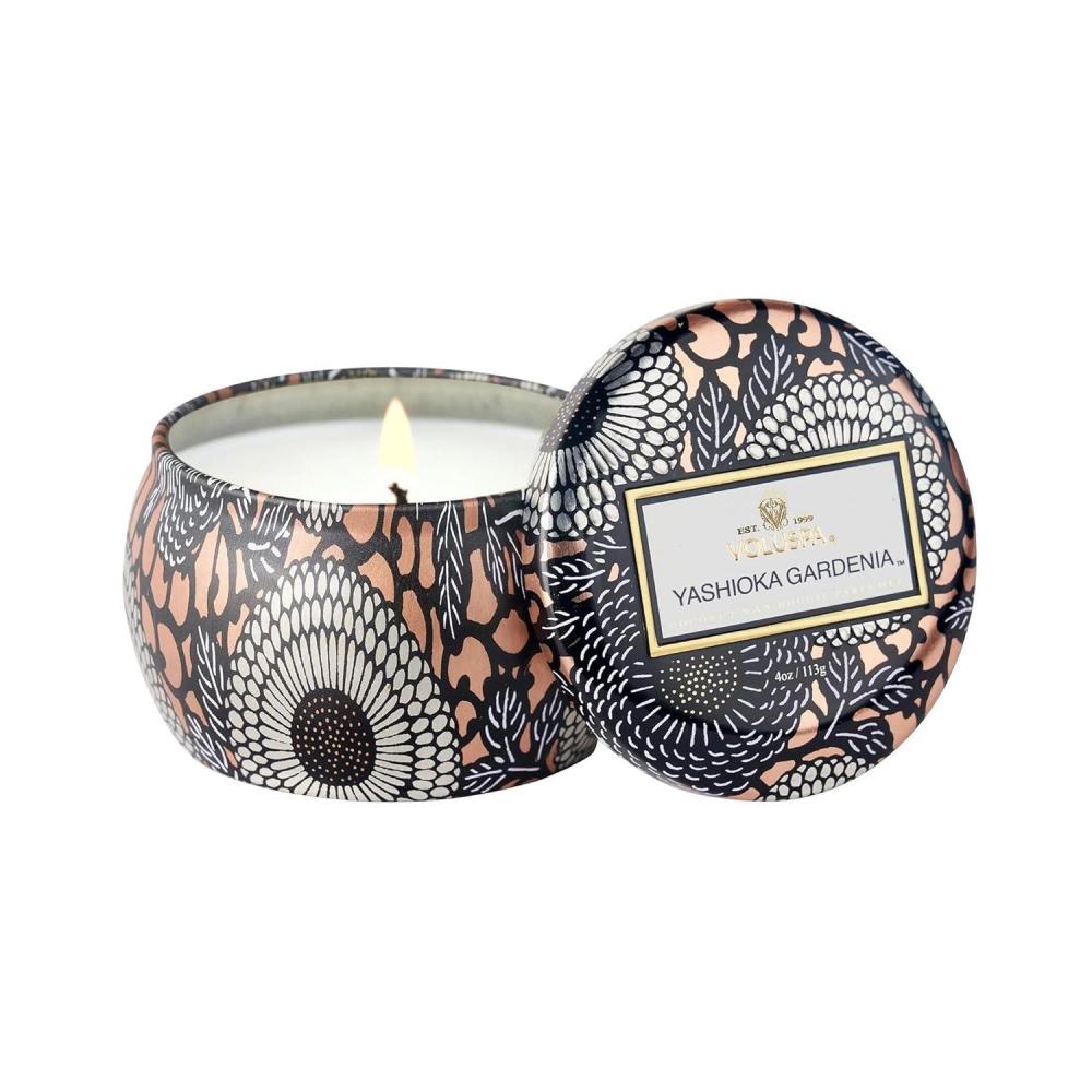 imageVoluspa Yashioka Gardenia Mini Tin Candle 4 oz 25 Hour Burn Time Coconut Wax for Clean Burning Handcrafted in the USA